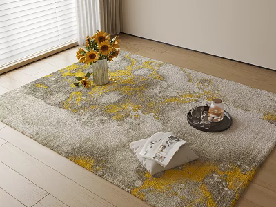 Square Gray and Yellow Pattern Rug with Sunflowers in Vase Tray and Magazine on Floor 3d model
