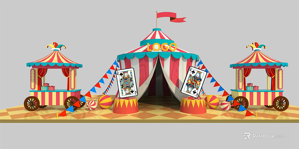 Vibrant Circus Tent With Red White Stripes Red Flag Playing Card Pillars And Colorful Stalls 3d model 
