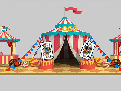 Vibrant Circus Tent With Red White Stripes Red Flag Playing Card Pillars And Colorful Stalls 3d model