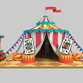 Vibrant Circus Tent With Red White Stripes Red Flag Playing Card Pillars And Colorful Stalls