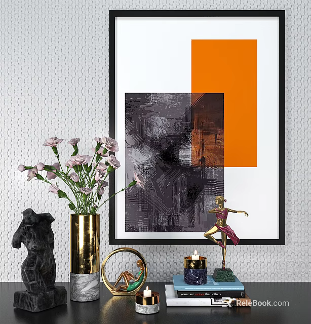 Abstract Painting With Vase Of Pink Flowers Sculptures And Artistic Interior Decor 3d model 