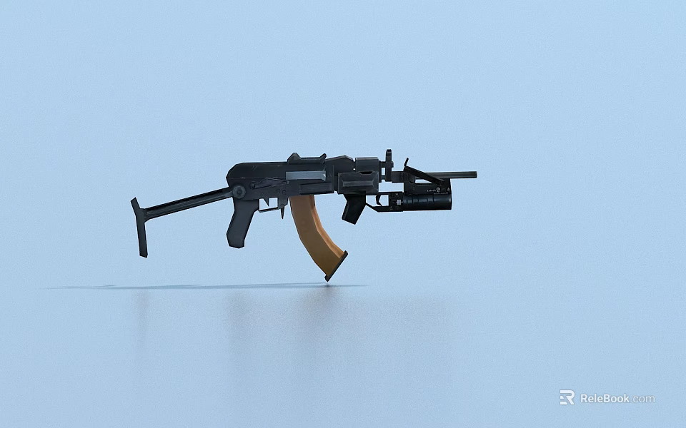Detailed Black Assault Rifle 3D Model With Wooden Stock Isolated On Light Blue Background 3d model 