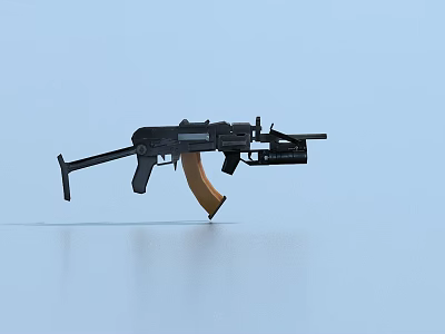Detailed Black Assault Rifle 3D Model With Wooden Stock Isolated On Light Blue Background 3d model