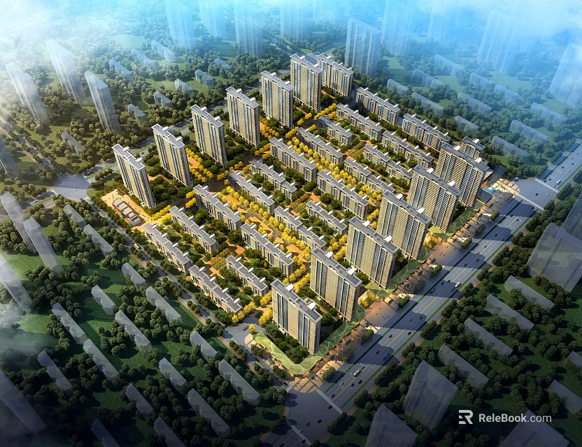 Birds Eye View Planning of Residential Community with High Rise Buildings Green Spaces and Roads 3d model 