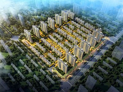 Birds Eye View Planning of Residential Community with High Rise Buildings Green Spaces and Roads 3d model