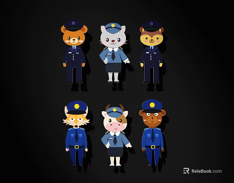 Cartoon Animal Police Sculptures in Blue Uniforms with Hats Six Cute Animated Character Carvings 3d model 