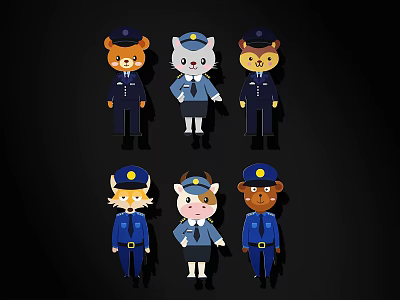 Cartoon Animal Police Sculptures in Blue Uniforms with Hats Six Cute Animated Character Carvings 3d model