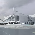 Contemporary Geometric Architectural Complex With Glass Facades And Green Roofs In Urban Square