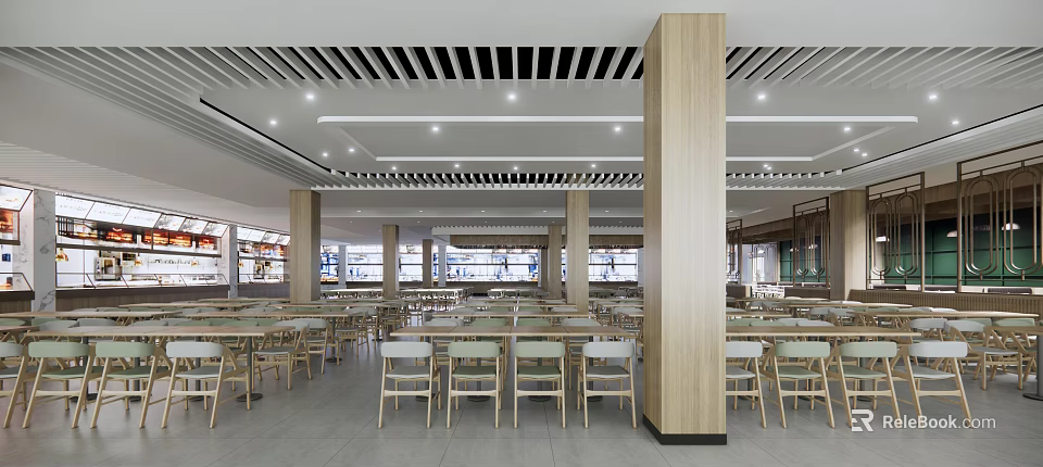 Spacious Dining Hall Interior With Wooden Pillars Grid Ceiling Tables Chairs And Bright Lighting 3d model