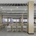 Spacious Dining Hall Interior With Wooden Pillars Grid Ceiling Tables Chairs And Bright Lighting 3d model