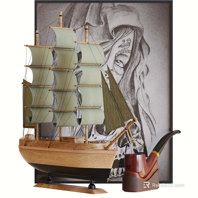 Decorative Ornament Set with Sailing Boat Model Tobacco Pipe and Wall Art 3d model 