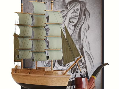 Decorative Ornament Set with Sailing Boat Model Tobacco Pipe and Wall Art 3d model