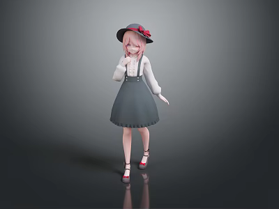 Little Girl Wearing White Long Sleeve Top Gray Pinafore Dress And Red Flower Hat 3d model