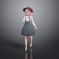 Little Girl Wearing White Long Sleeve Top Gray Pinafore Dress And Red Flower Hat