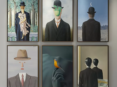 Figure Paintings Collection Featuring Men With Hats Apple Moon Bird And Mirror 3d model