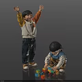 Two Children Standing With Raised Arms And Squatting To Play Colorful Building Blocks