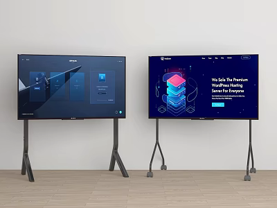 Two Smart TVs on Stands Display Dark Interface Icons and Blue Layered Graphics Text 3d model