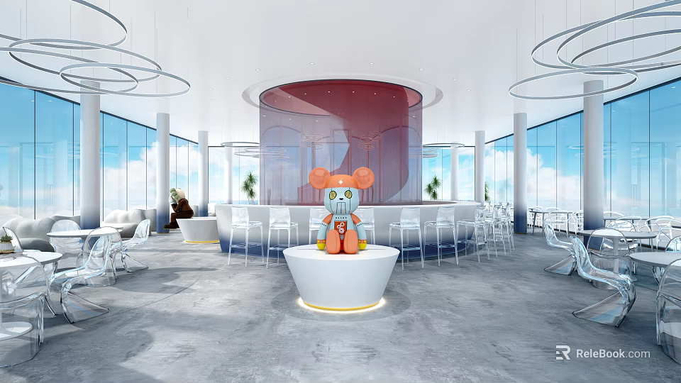 Modern Café Interior Design With Round Red Backdrop Cartoon Bear Sculpture And White Bar Counter 3d model 
