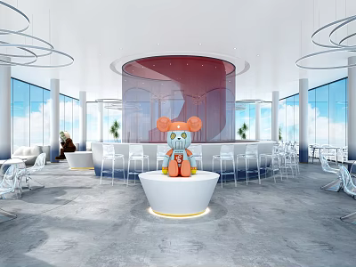 Modern Café Interior Design With Round Red Backdrop Cartoon Bear Sculpture And White Bar Counter 3d model