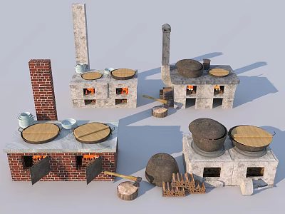 Rustic Brick Kitchen Cabinets With Traditional Stoves And Cooking Tools 3d model
