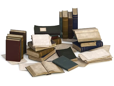 Vintage Books Collection Featuring Stacked Open Pages And Scattered Paper Sheets 3d model