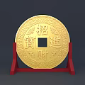 Golden Circular Decorative Photo Spot With Zhao Cai Jin Bao Characters And Red Stand
