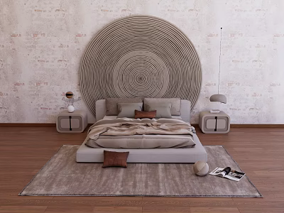 Modern Double Bed Interior With Circular Textured Headboard Minimalist Nightstands And Gray Rug 3d model