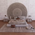 Modern Double Bed Interior With Circular Textured Headboard Minimalist Nightstands And Gray Rug