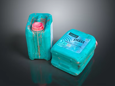 Industrial Equipment Plastic Storage Containers In Teal With Red Caps And Labels 3d model
