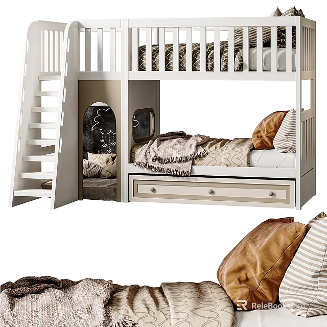 Modern Children's Bunk Bed Design With Ladder Storage Drawers And Cozy Bedding Pillows 3d model 