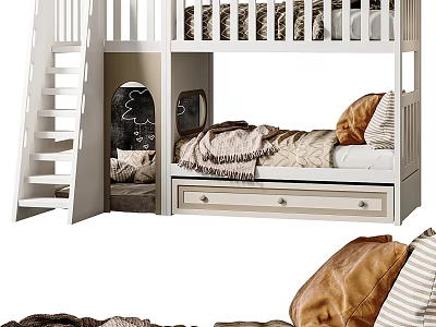 Modern Children's Bunk Bed Design With Ladder Storage Drawers And Cozy Bedding Pillows 3d model
