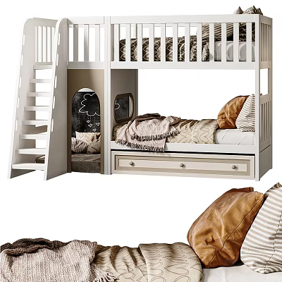 Modern Children's Bunk Bed Design With Ladder Storage Drawers And Cozy Bedding Pillows 3d model