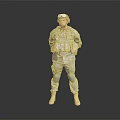 Game Movie Military Character in Tactical Uniform With Full Gear Standing Neutral Gray Background