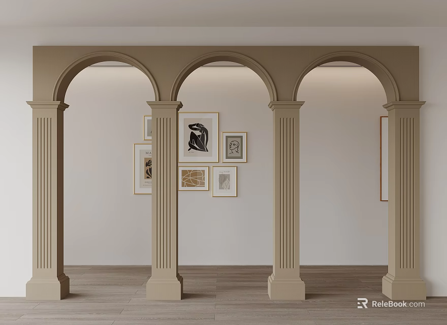 Beige Arched Doorways With Columns In Modern Interior Wooden Floor And Framed Artworks On Wall 3d model 