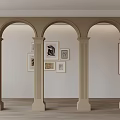 Beige Arched Doorways With Columns In Modern Interior Wooden Floor And Framed Artworks On Wall