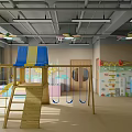Qiyou Education Children's Preschool Reception With Orange Circular Decorations Cartoon Dolls Wooden Flooring Green Plants