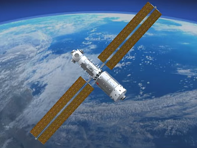 Large Satellite With Solar Panels Orbiting Above Blue Earth Planet In Space 3d model