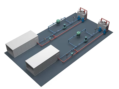 Industrial Equipment System With Connected Pipes Control Cabinets And Processing Units 3d model