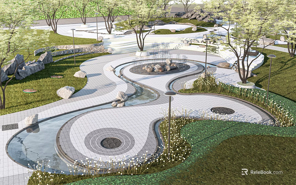 Scenic Park Landscape With Winding Paths Circular Pavements Small Pools Stones Trees And Lawns 3d model 