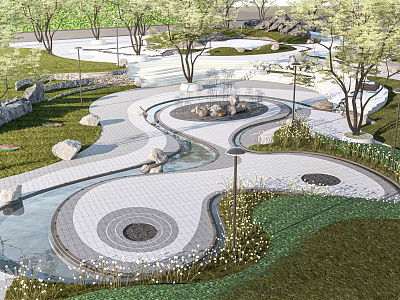 Scenic Park Landscape With Winding Paths Circular Pavements Small Pools Stones Trees And Lawns 3d model