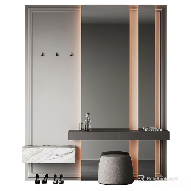 Modern Entryway Console Table And Side Cabinet With Marble Top Mirror And Wall Lights 3d model