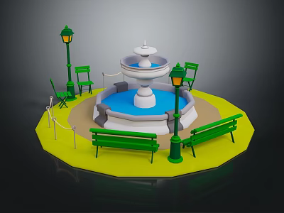 Garden Decorative Scene Featuring Central Fountain Green Benches Lamp Posts Chairs And Yellow Ground 3d model