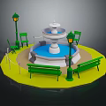 Garden Decorative Scene Featuring Central Fountain Green Benches Lamp Posts Chairs And Yellow Ground