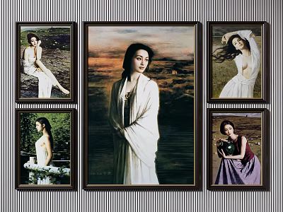 Five Framed Female Portrait Paintings With Elegant Figures And Various Backgrounds 3d model