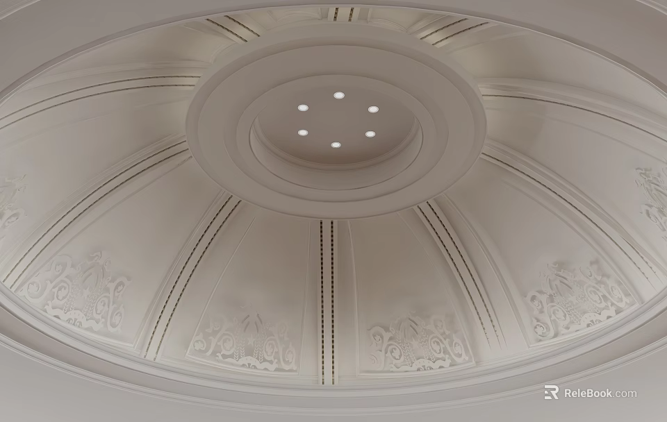 White Circular Ceiling Design With Decorative Moldings Carvings And Recessed Lights 3d model 