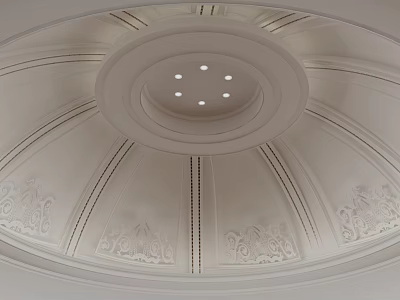 White Circular Ceiling Design With Decorative Moldings Carvings And Recessed Lights 3d model