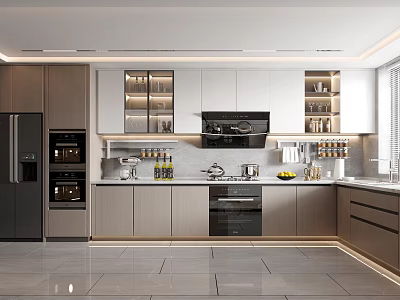 Modern Kitchen Interior Design With Gray Wooden Cabinets Built-in Appliances And Sleek Countertop 3d model