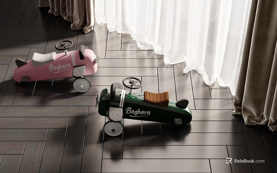 Electric Toy Cars Pink And Green Bergara On Indoor Wooden Floor 3d model 