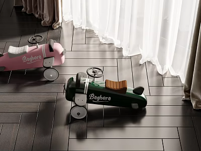 Electric Toy Cars Pink And Green Bergara On Indoor Wooden Floor 3d model