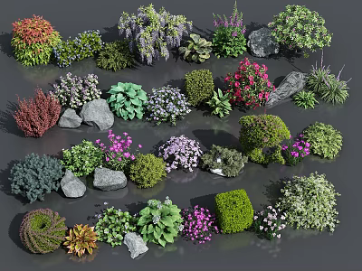 Various Colorful Flowers and Green Plants with Decorative Stones in Natural Arrangement 3d model